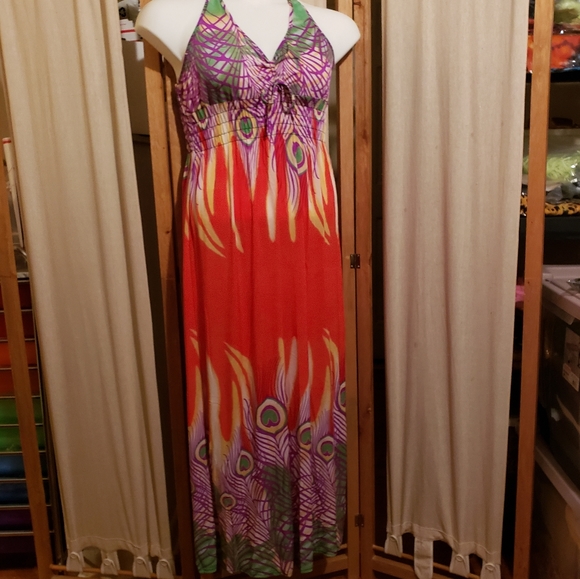 ❤Flowy Orange Peacock Feather Print Maxi Dress - Picture 3 of 8